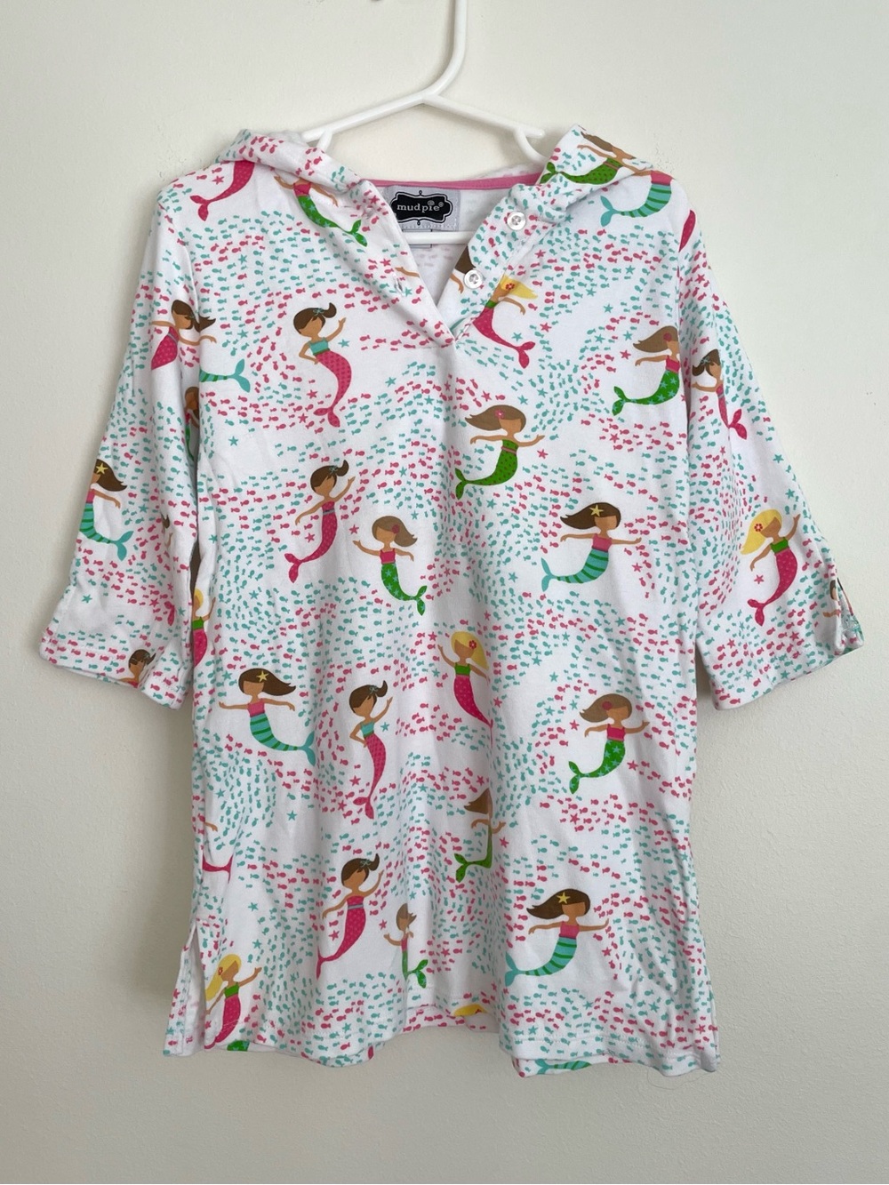 Mud Pie White Hooded Mermaid Swim Coverup with Pink & Green Accents
